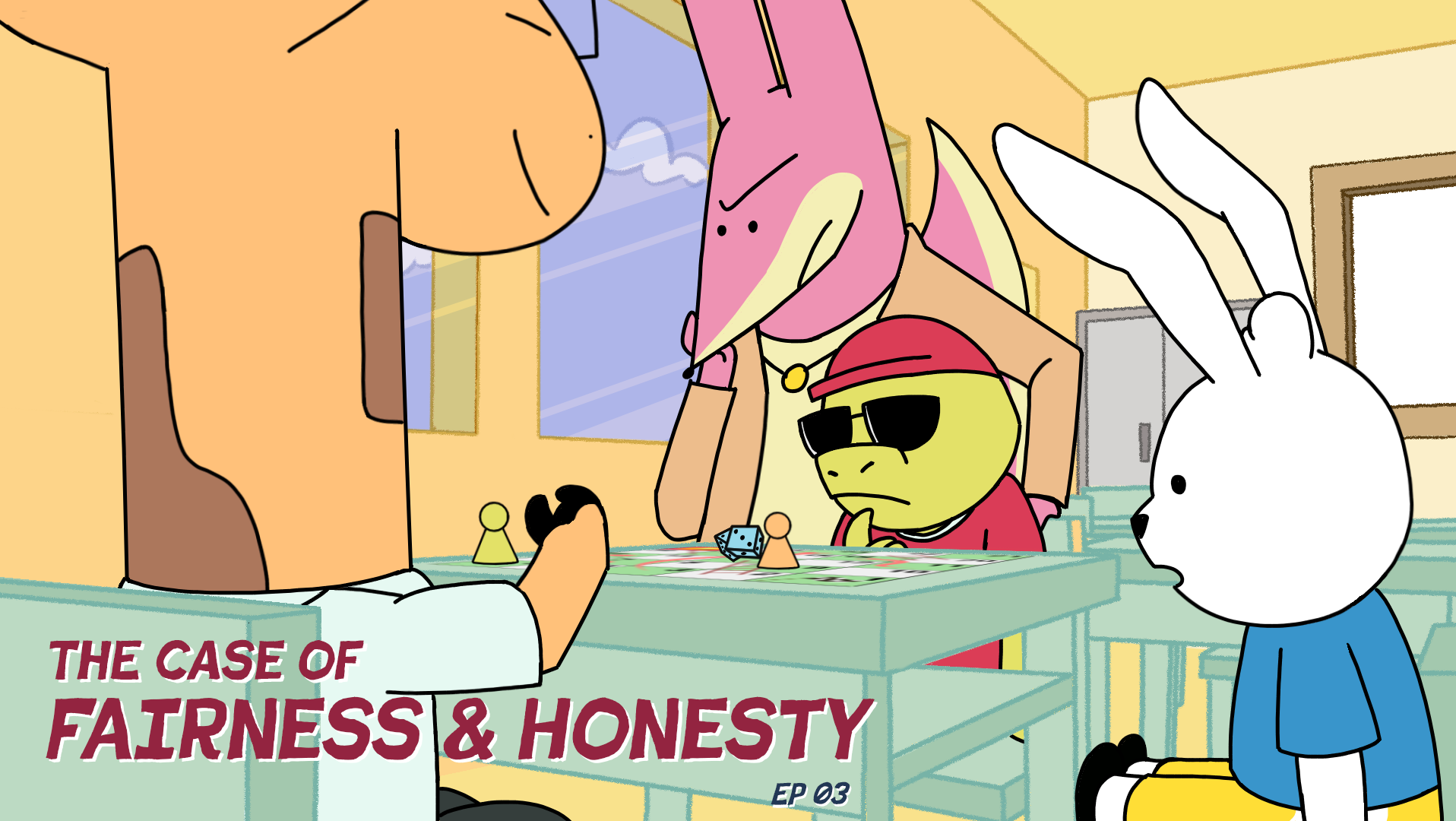 Cartoon characters play a board game; text reads "The Case of Fairness & Honesty EP 03."